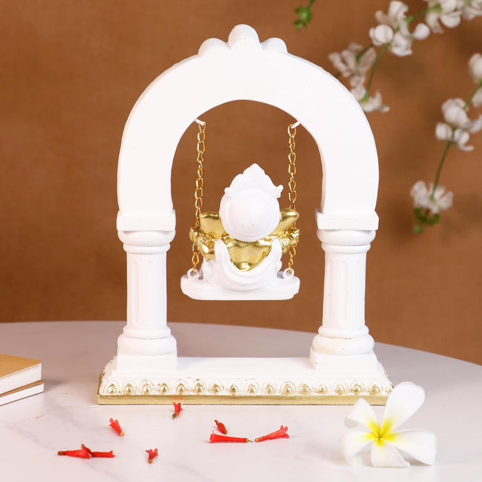 Ganesh Ji Idol for Car Dashboard Home and Pooja Swinging Ganesha Murti Golden and White Ganesh Ji Idols for Gift Mandir Altars Resin Ganesha Statue for Car and Home Height - 23 cm
