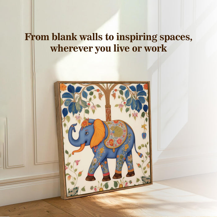 Traditional Madhubani Elephant Framed Painting For Living Room | Indian Folk Elephant Tree Large Canvas Painting With Frame Wall Art For Bedroom, Hallway's, Office, Hotel, Size 58x58 cm