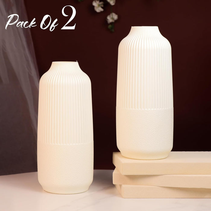 Beautiful Flower Vases for Home PVC Pot for Plants Stand Elegant Ribbed Texture White Vase Pot, Made of Durable Plastic PVC Height - 25 cm