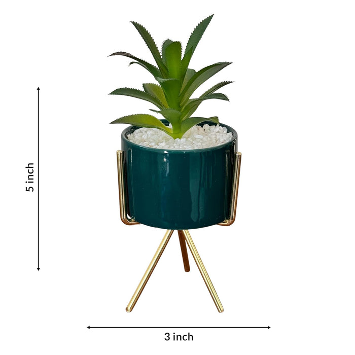 Ceramic Potted Vase Planter with Golden Metal Stand for Table Top (Green, Size: 3x5 Inch)