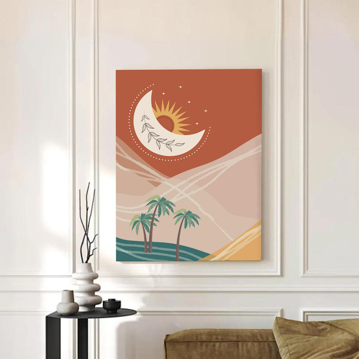 Abstract Desert Moon Stretched Canvas Wall Art Modern Boho Illustration Painting for Home & Office Wall Decor, (16x22 Inch)