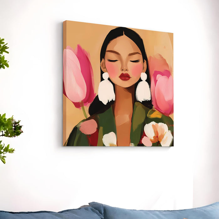 Boho & Chic Modern Woman Wall Art Painting For Living, Minimalist Floral Wall Art Stretched Canvas Painting with Large Tassel Earrings, Abstract Wall Art for Living Room & Offices (56xx56 cm)