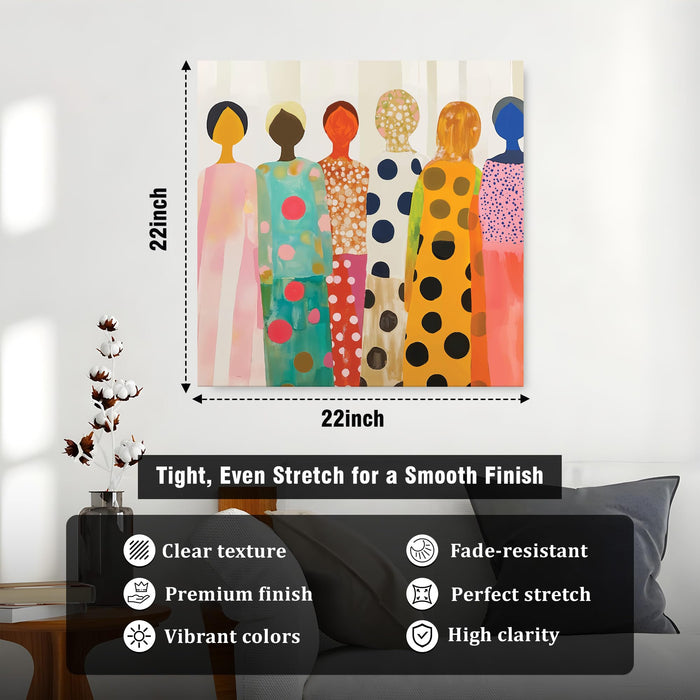 Feminine Abstract Wall Art Painting For Living Room, Modern Colorful Feminine Stretched Canvas Wall Art Poster Featuring Stylized Women in Polka Dot Dresses for Living Room & Office (56xx56 cm)