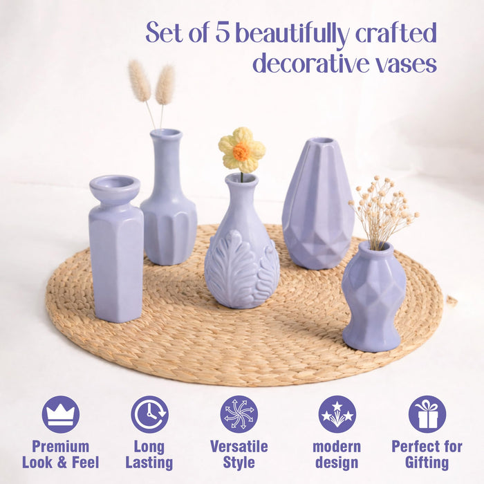 Set of 5 Grey Ceramic Decorative Vases for Home Decor | Modern Minimal Flower Vase Set for Living Room, Bedroom, Table & Gift