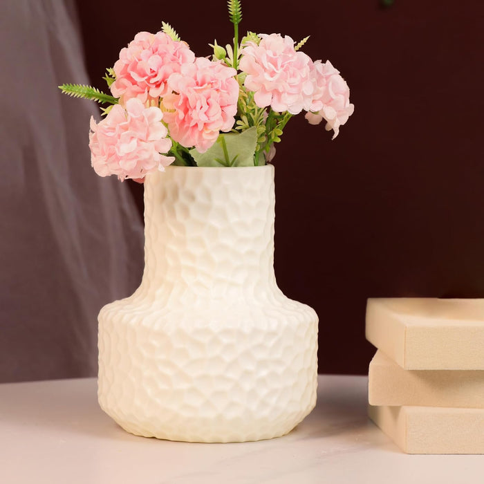 Beautiful Flower Vases, PVC Pot for Plants Stand Elegant Hammered Texture White Vase Pot, Made of Durable Plastic PVC Height - 15 cm