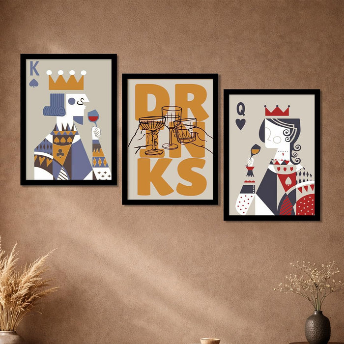 Poker King Queen Retro Graphic A3 Framed Poster for Living Room With Frame, “Drinks” Retro Framed Posters for Home Decor Bar Pub Lounge Dining area restaurant Hotel Set of 3, Size 33x45 cm