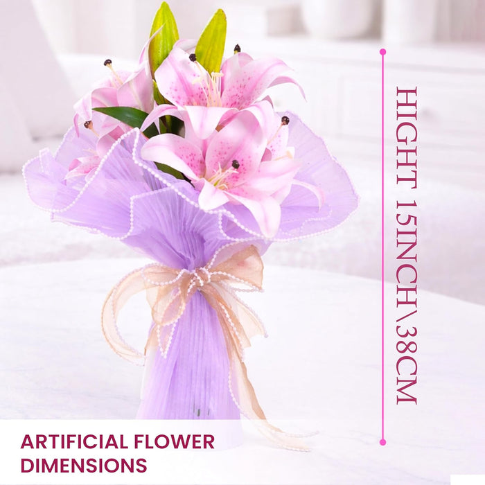 Art Street Artificial Pink Lily Flower Bouquet with Decorative Wrapping