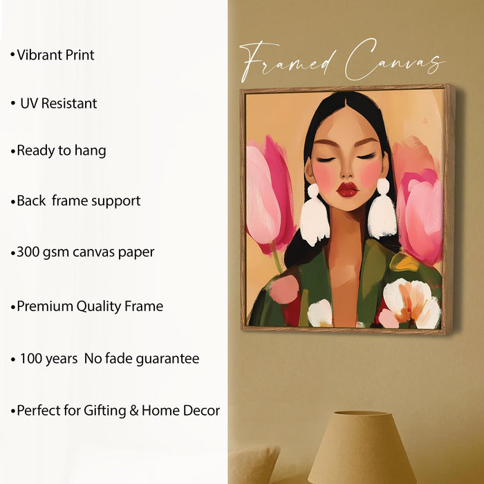 Botanical Woman Portrait Framed Painting For Living Room | Modern Floral Abstract Large Canvas Painting With Frame Wall Art For Bedroom, Hallway's, Office, Hotel, Size 58x58 cm