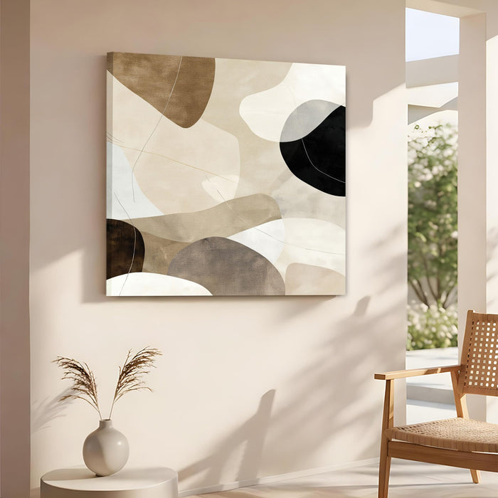 Large Framed Neutral Abstract Wall Art Painting For Living Room, Modern Minimalist Stretched Canvas Poster in Earth Tones, Geometric Shapes for Living Room, Office & Home Decor (56xx56 cm)