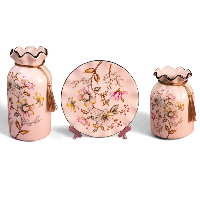 Flower Pinted Ceramic Vases and Decorative Plate Combo for Décor (White, 4.5x9 Inch and 8x8 Inch)