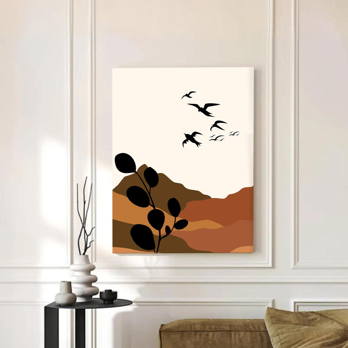 PAINTINGMANTRA Abstract Desert and birds Stretched Canvas Wall Art Modern Boho Illustration Painting for Home & Office Wall Decor, (16x22 Inch)