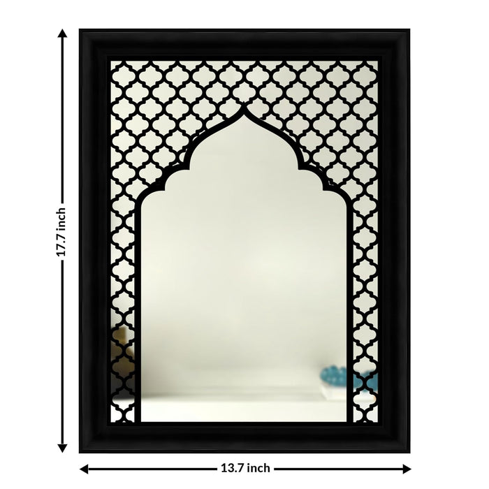 Decorative Acrylic Mirrors with Mughal Design MDF Jali Set of 2 | Two Black Jharokha Wooden Wall Mirror Panel (18x14 Inch)
