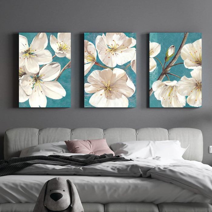 Art Street Stretched Canvas Painting White Blossom Apricot Flower For Living Room Decoration (Set of 3, Size: 16x22 Inch)