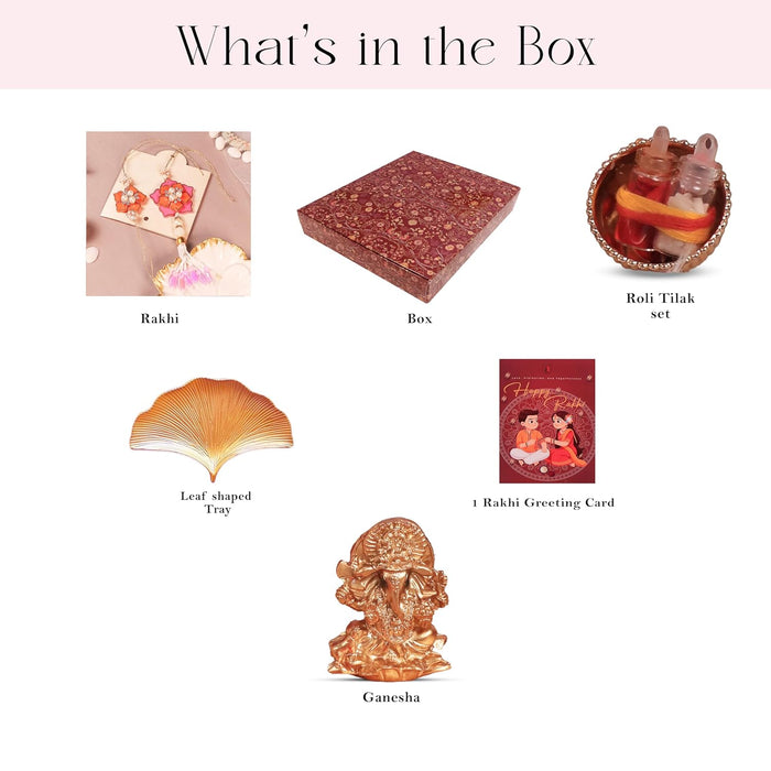 Rakshabandhan Gift Hamper for Brother and Bhabhi, Plate and Shree Ganesh Ji Idol, Flowers Design Rakhi with Chawal and Roli Gift Set for Celebrate Raksha Bandhan