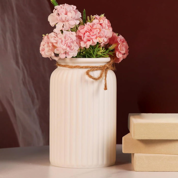 Beautiful Flower Vases PVC Pot for Plants Stand Elegant Ribbed Texture White Vase Made of Durable Plastic PVC Height - 15 cm