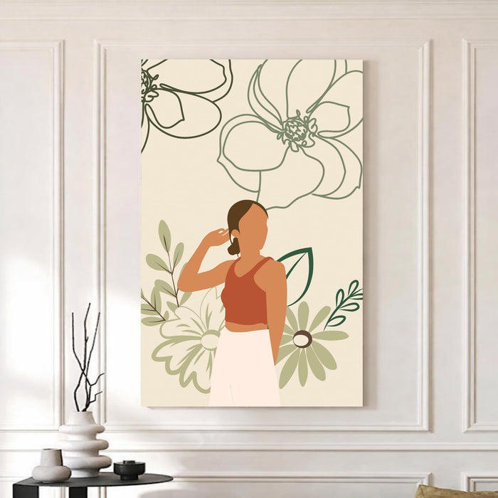 Boho Woman Floral Stretched Canvas Painting For Living Room | Feminine Figurative Stretched Canvas Wall Art For Livingroom Home Decor, Bedroom, Hallway's, Office, Hotel - 56x86 cm