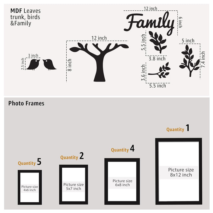 Family Tree Wall Photo Frame Set Pack of 12 with 10 MDF Cutouts for Home Decoration Wall Photo Frame Collage for Living Room Bedroom