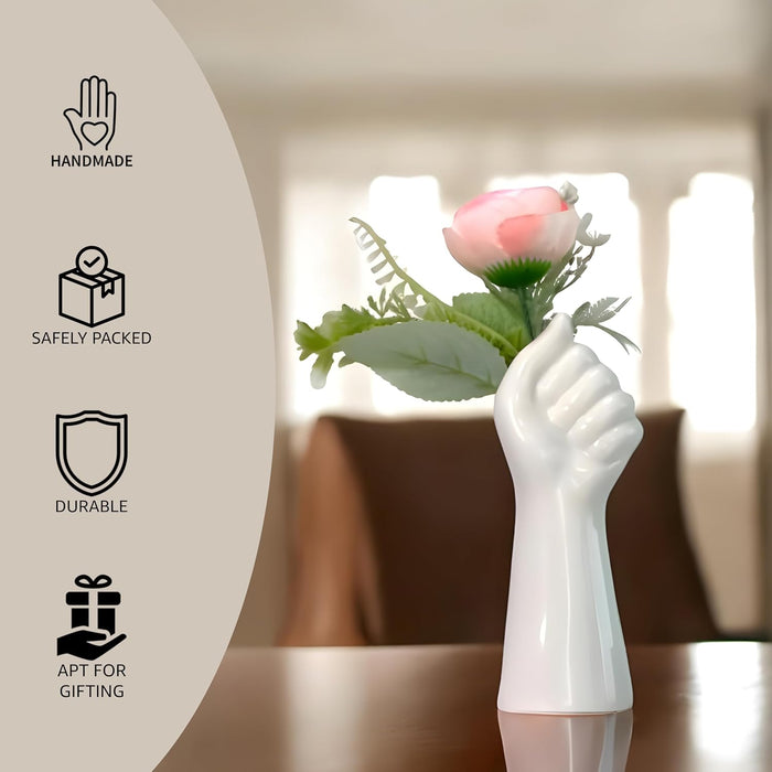 Hand Shape Ceramic Vase for Home Dcor, White (2.5x6.5 Inch), Flowers Not Included.