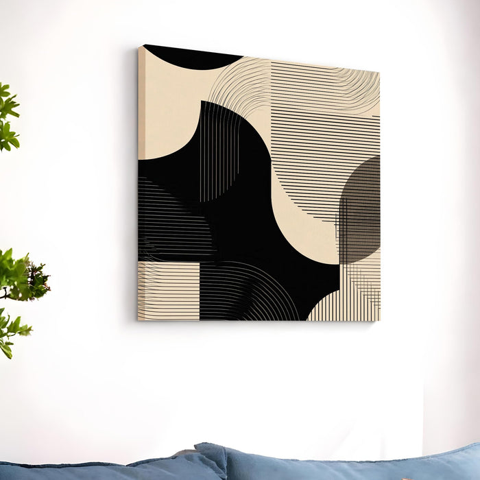 Modern Boho Optical Illusion Stretched Canvas Art Painting For Living Room, Minimalist Wavy Line & Geometric Shape Painting, Contemporary Abstract Decor for Living Room & Office (56xx56 cm)