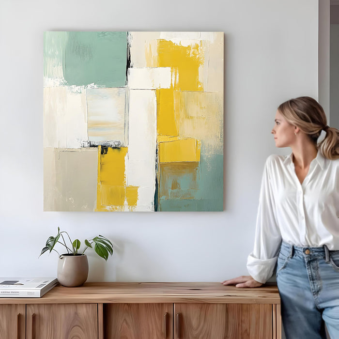 Modern Abstract Stretched Canvas Wall Art Painting For Living Room, Textured Geometric Oil Painting in Yellow, Sage Green & White, Large Gallery Wrap for Living Room & Office (56xx56 cm)