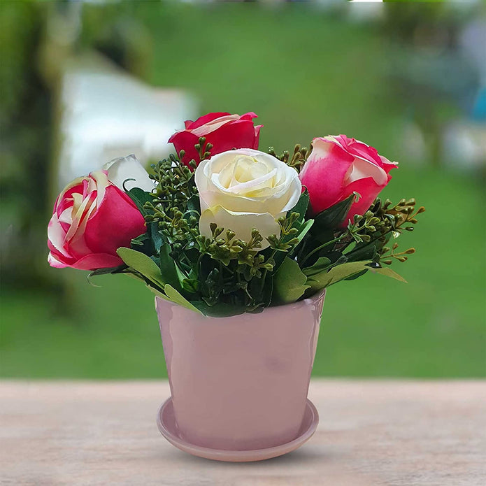 Artificial Ceramic Flower Pot for Home Decoration Artificial Plants with Rose Flowers ( Size - 6.5 x 7 Inch )