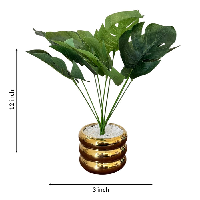 Ceramic Potted Vase Palm Leaf with Round Wave Pot for Table Top (Light Green, Size: 3x12 Inch)