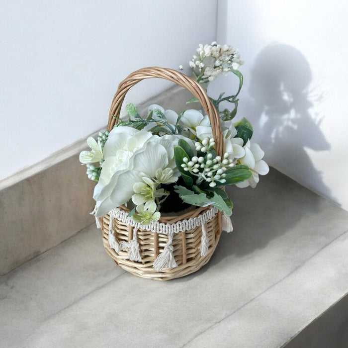 Art Street Boho Macrame Basket Vase with Artificial Flowers Wedding Flower Girl Baskets, Fake Flowers in Pot for Home, Table, Window, Living Room, Bedroom, Office (Beige, Size: 5x7.5 Inch)