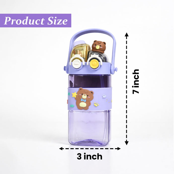 Art Street Cute Bear Kids Water Bottle with Straw & Strap - 580ml Leakproof BPA-Free Plastic Sipper—Cute Portable Dual-Drink Cartoon Tumbler for School, Girls & Boys (Purple, 17x7 cm)