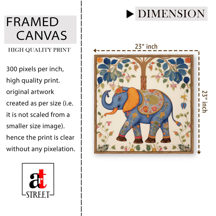 Traditional Madhubani Elephant Framed Painting For Living Room | Indian Folk Elephant Tree Large Canvas Painting With Frame Wall Art For Bedroom, Hallway's, Office, Hotel, Size 58x58 cm