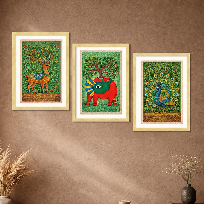 Gond Art of Deer Elephant Peacock A3 Framed Poster for Living Room With Frame, Nature Botanical Madhubani Framed Vastu Posters for Home Decor Bedroom Hallways Office Hotel Set of 3, Size 33x45 cm