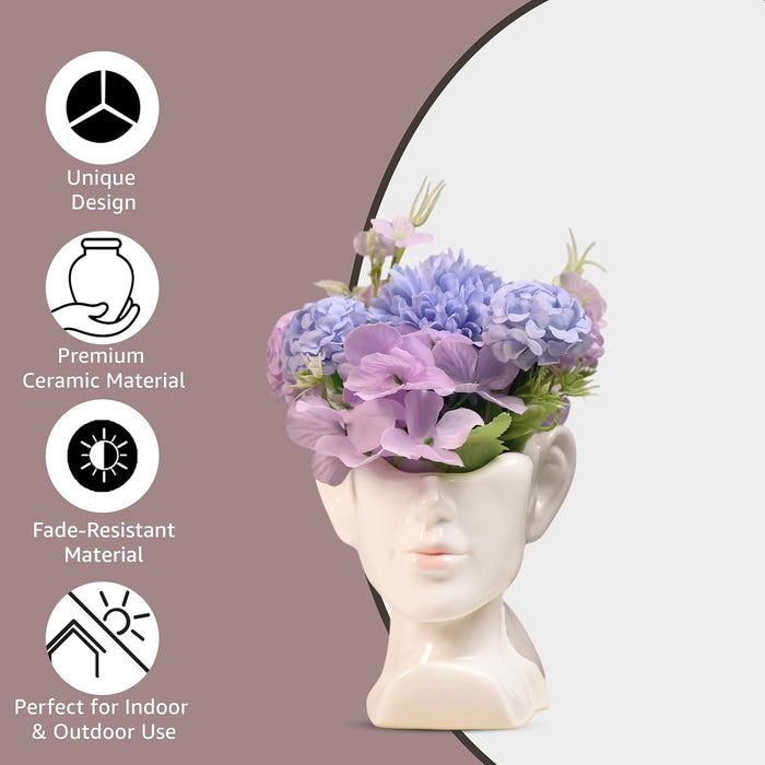 Artificial Flower with Ceramic Face Pot Vase Planter Women Head Pot with Flowers Vase Decorative Flower Vases for Home Living Room Dining Table Bedroom Office Indoor Décor 13x10x20 cm