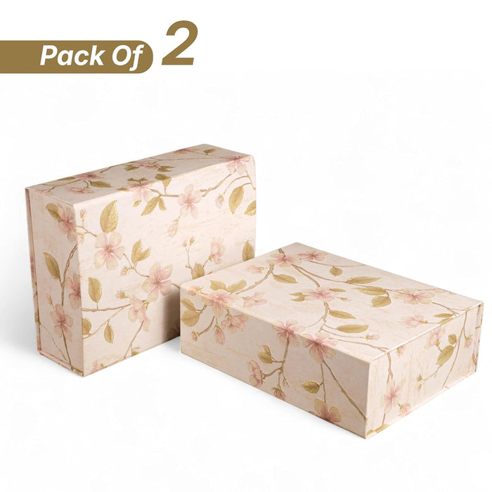 Foldable Cardboard Flowers Printed Hamper Gift Box Set of 2, Multipurpose Gift Hamper Box For Special Occasions, Wedding Gift Packaging (White)