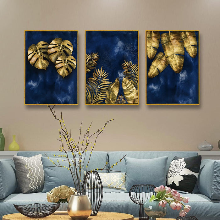 Art Street Golden Leaves Landscape Diamond Canvas Painting For Home Décor (17x23 Inch, Set Of 3)
