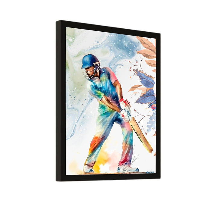 Art Street Framed Wall Hanging Art Print of Cricket Batsman in Action Sports Poster For Home Decor, Living Room, Hotel and Office Decor, (12.7X17.5 Inch)