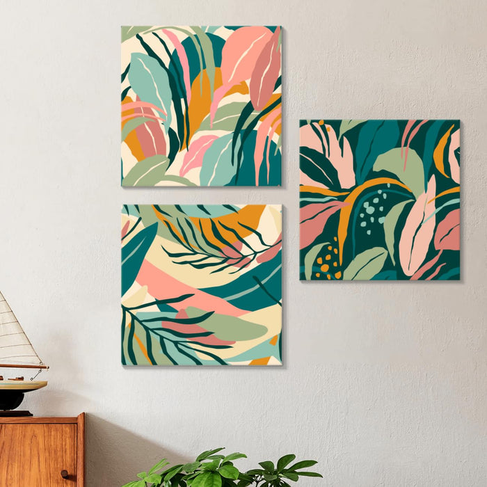 Stretched Canvas Painting Botanical Abstract Green Leaf for Living Room (Set of 3, Size: 12x12 Inch)