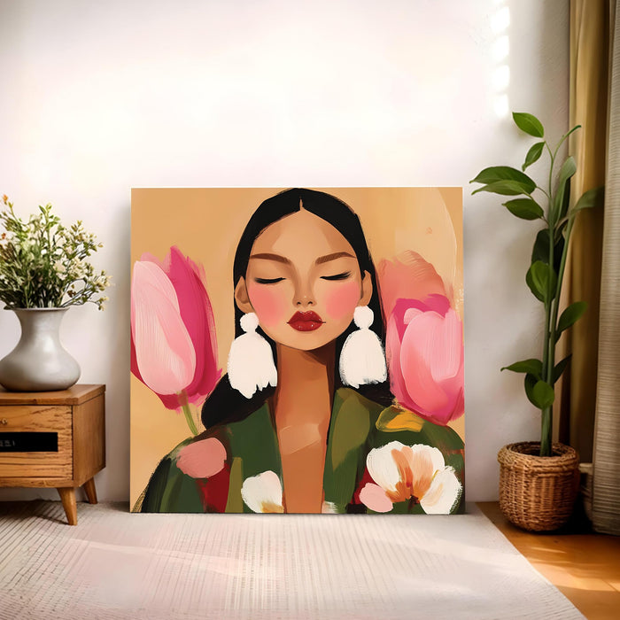 Boho & Chic Modern Woman Wall Art Painting For Living, Minimalist Floral Wall Art Stretched Canvas Painting with Large Tassel Earrings, Abstract Wall Art for Living Room & Offices (56xx56 cm)