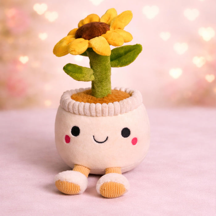 Art Street Cute White Potted Plush Plant with Smiling Face & Dangling Legs | Soft Sunflower Kawaii Desk Decor | Unique Gift for Plant Lovers, Valentine's Day