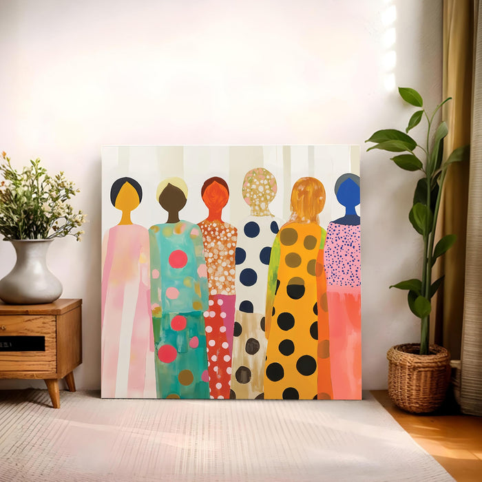 Feminine Abstract Wall Art Painting For Living Room, Modern Colorful Feminine Stretched Canvas Wall Art Poster Featuring Stylized Women in Polka Dot Dresses for Living Room & Office (56xx56 cm)