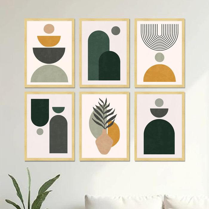 Boho Desert Framed Painting Wall Art Set of 6 | Sun, Moon, Botanical & Abstract Prints | Warm Earth Tones | Engineered wood Frame Wall Décor, (Size: A3)