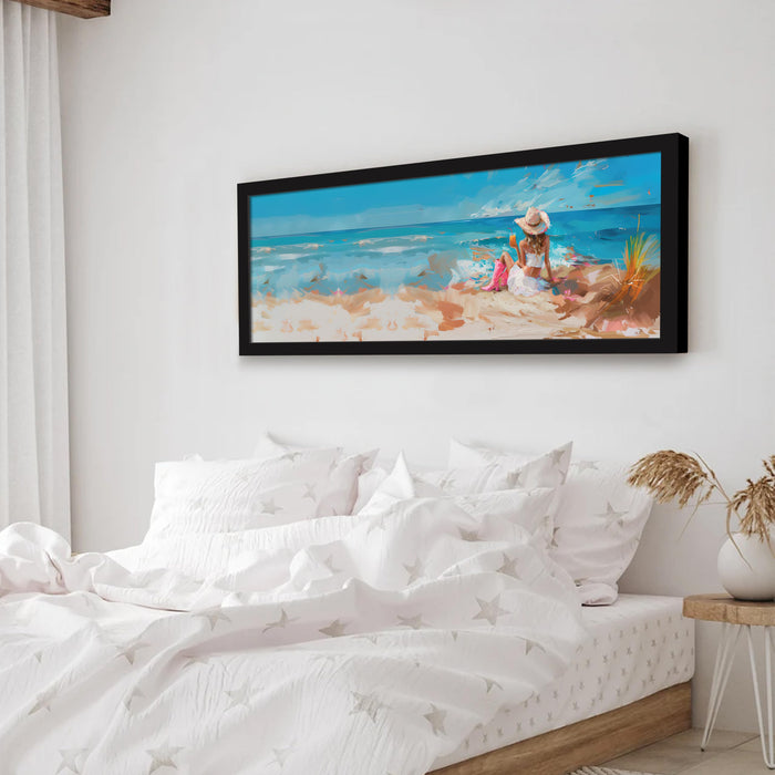 Girl Enjoying on Beach Summer Vacation Wall Art Framed Luxury Paintings for Home Decoration, Living room, Bedroom and Office Decoration (99x38 CM)
