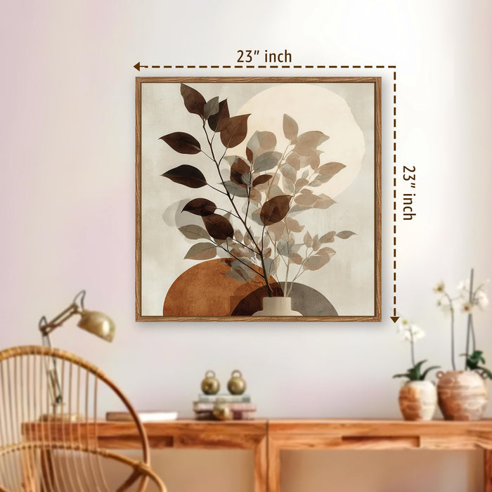 Abstract Vase Leaf Framed Painting For Living Room | Modern Botanical Large Canvas Painting With Frame Wall Art For Bedroom, Hallway's, Office, Hotel, Size 58x58 cm