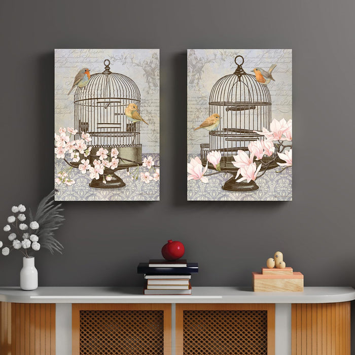 Art Street Floral Stretched Canvas Painting Bird Theme With Cage Print For Living Room Decoration (Set of 2, Size: 16x22 Inch)
