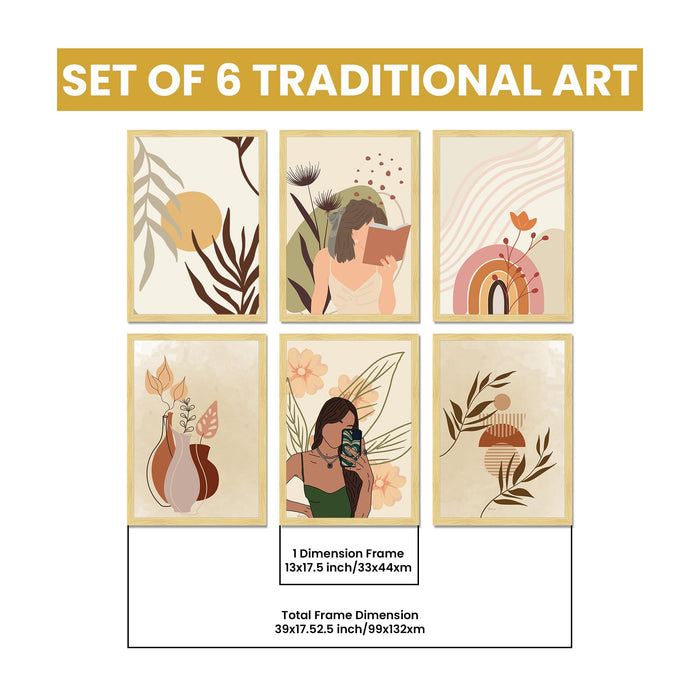 Boho Portrait & Abstract Framed Painting Wall Art Set of 6 | Modern Feminine, Botanical & Rainbow Prints | Soft Neutral Tones | Engineered wood Frame Wall Décor, (Size: A3)