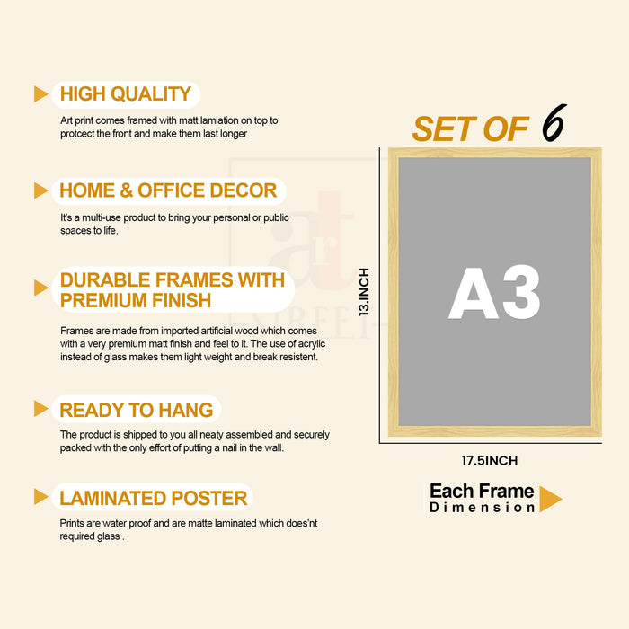 Boho Abstract Framed Painting Wall Art Set of 6 | Portrait, Botanical & Geometric Prints | Warm Neutral Tones | Engineered wood Frame Wall Décor, (Size: A3)