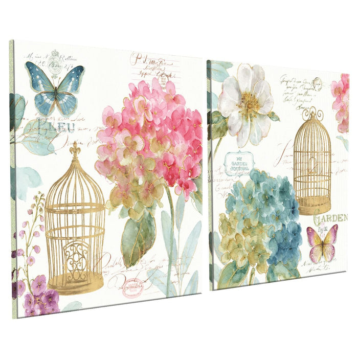 Decorative Jardin Birds Stretched Canvas Painting for Home Decor (Multicolor, Set of 2, 12 X 12 Inches)