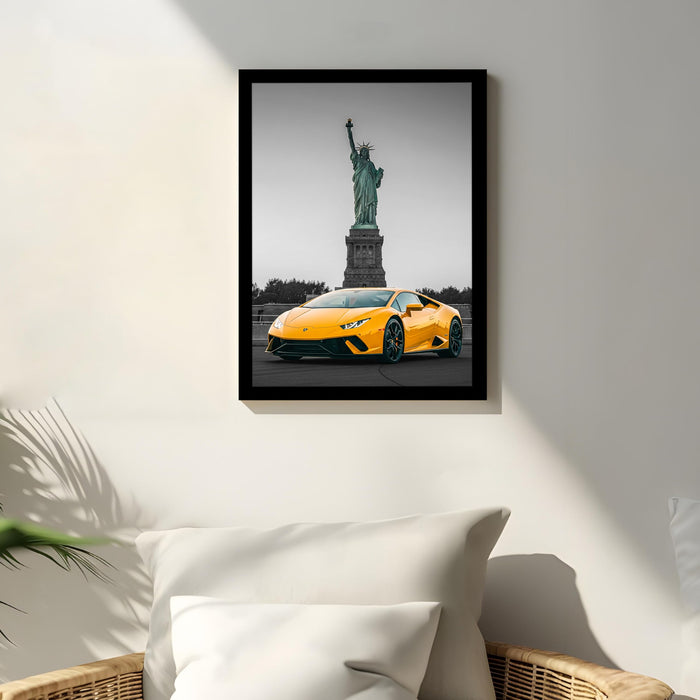 Automotive Wall Art Print for Boys and Man Room with Yellow Sports Car Illustration in Front of Statue of Liberty 32x44 cm