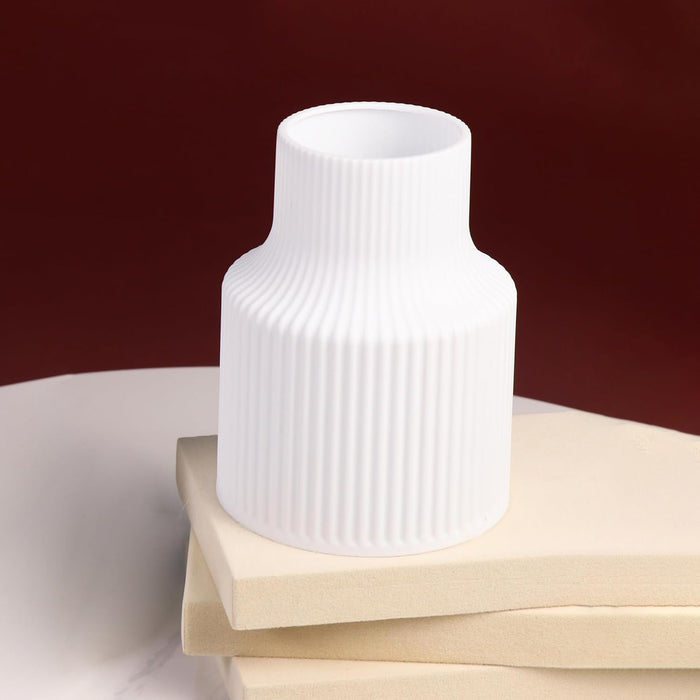 Beautiful Flower Vases, PVC Pot for Plants Stand Elegant Ribbed Texture White Vase Pot, Made of Durable Plastic PVC Height - 15 cm