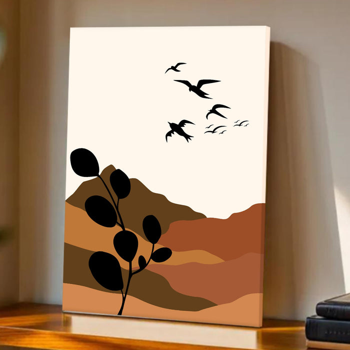 PAINTINGMANTRA Abstract Desert and birds Stretched Canvas Wall Art Modern Boho Illustration Painting for Home & Office Wall Decor, (16x22 Inch)