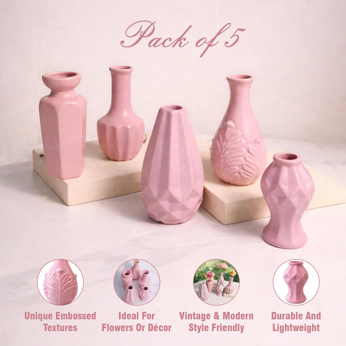 Set of 5 Pink Ceramic Decorative Vases for Home Decor | Modern Minimal Flower Vase Set for Living Room, Bedroom, Table & Gift