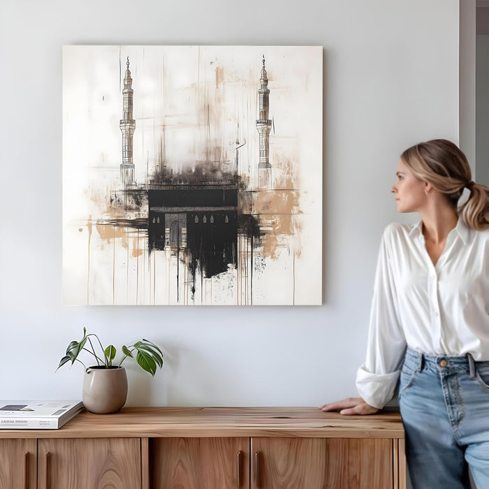 Modern Abstract Stretched Canvas Wall Art Painting For Living, Minimalist Neutral Earth Tone Painting, Geometric Artwork for Living Room, Office & Home Decor (56xx56 cm)